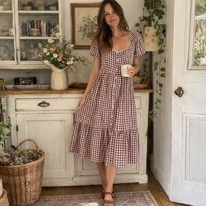 Neuflora Fallon Dress Medium Red Brown Gingham Plaid Buttons Midi Check Rare